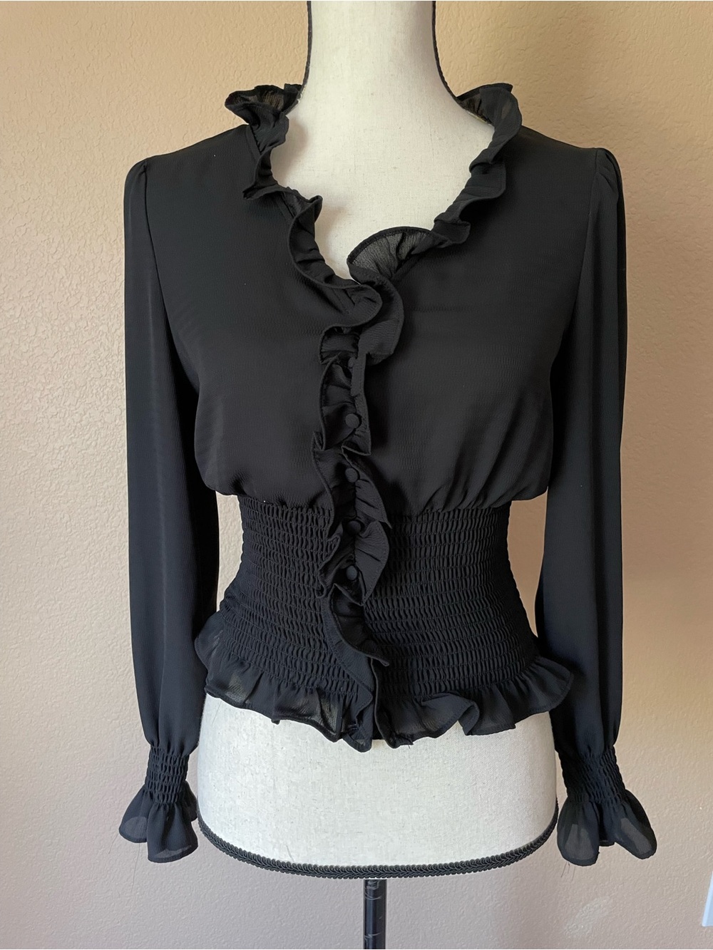 Ruffled Smocked semi sheer Blouse Whimsigoth coquette romantic feminine retro S